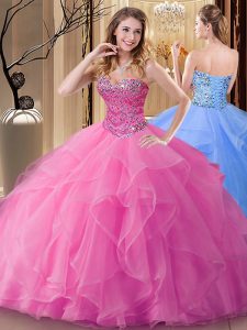Discount Rose Pink Sleeveless Beading Floor Length Quince Ball Gowns