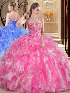 Low Price Rose Pink Ball Gown Prom Dress Military Ball and Sweet 16 and Quinceanera and For with Embroidery and Ruffles Sweetheart Sleeveless Lace Up