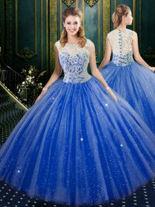 Ideal Floor Length Royal Blue Sweet 16 Dress High-neck Sleeveless Zipper
