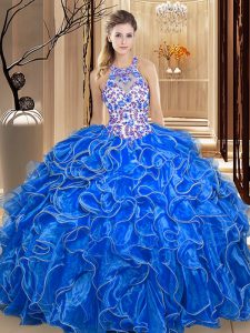 Scoop Embroidery and Ruffles 15 Quinceanera Dress Royal Blue Backless Sleeveless Floor Length