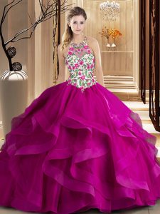 Fitting Fuchsia Ball Gowns Tulle Scoop Sleeveless Embroidery and Ruffles Zipper Sweet 16 Dress Brush Train