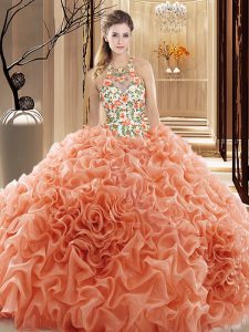 Stunning Backless Organza Sleeveless Sweet 16 Dress Court Train and Embroidery and Ruffles