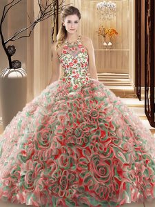 Cute Multi-color Ball Gowns High-neck Sleeveless Fabric With Rolling Flowers Brush Train Criss Cross Ruffles and Pattern Quinceanera Dress
