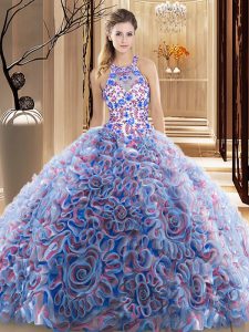 Multi-color Sleeveless Fabric With Rolling Flowers Brush Train Criss Cross Sweet 16 Dress for Military Ball and Sweet 16 and Quinceanera
