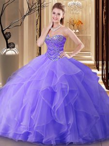 Lavender Ball Gowns Beading 15 Quinceanera Dress Lace Up Tulle Sleeveless Floor Length