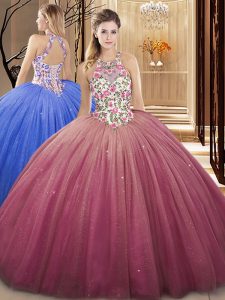 Elegant Floor Length Burgundy Quinceanera Gowns High-neck Sleeveless Lace Up