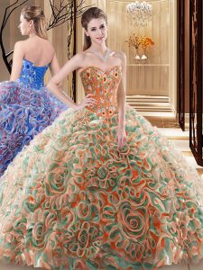 Best Selling Multi-color Sweetheart Lace Up Embroidery and Ruffles Ball Gown Prom Dress Brush Train Sleeveless