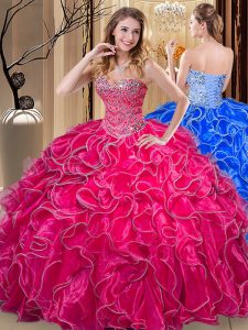 Hot Pink Sleeveless Organza Lace Up Sweet 16 Dresses for Military Ball and Sweet 16 and Quinceanera