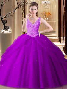 Purple Tulle Backless 15th Birthday Dress Sleeveless Floor Length Appliques and Pick Ups