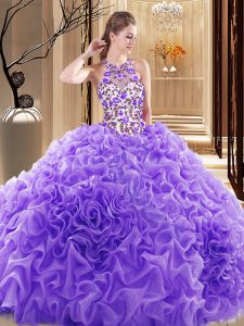 Lavender Ball Gowns Embroidery and Ruffles Quinceanera Gown Backless Organza Sleeveless