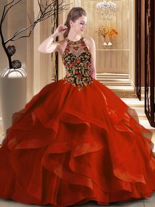 Scoop Sleeveless Brush Train Backless Ball Gown Prom Dress Rust Red Tulle