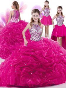 Modern Four Piece Floor Length Hot Pink Quinceanera Gown Organza Sleeveless Beading and Pick Ups
