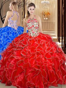 Enchanting Scoop Coral Red Backless Sweet 16 Quinceanera Dress Embroidery and Ruffles Sleeveless Floor Length