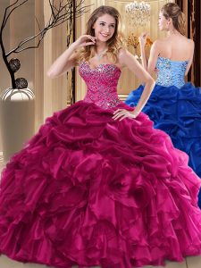 Fuchsia Sleeveless Floor Length Beading and Pick Ups Lace Up Quinceanera Gown