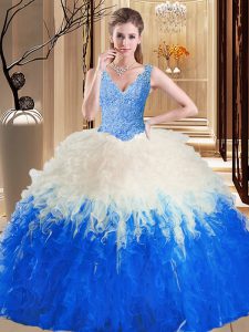 Blue And White Sleeveless Lace and Appliques and Ruffles Floor Length Sweet 16 Dresses