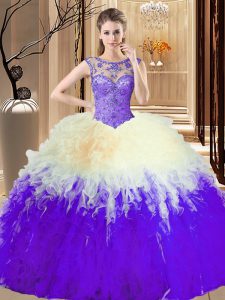 Tulle High-neck Sleeveless Backless Beading and Ruffles Quinceanera Gowns in Multi-color