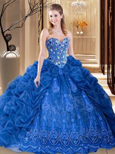 Organza Sweetheart Sleeveless Court Train Lace Up Embroidery and Pick Ups 15th Birthday Dress in Royal Blue