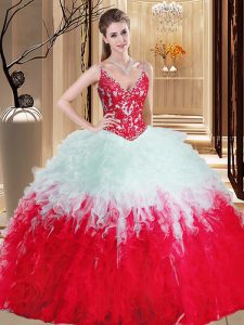 Organza Straps Sleeveless Lace Up Appliques and Ruffles Sweet 16 Quinceanera Dress in White And Red