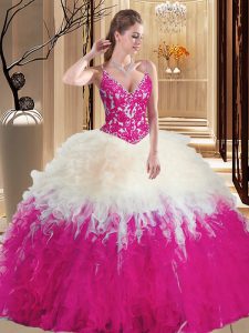 Suitable Straps Sleeveless Ball Gown Prom Dress Floor Length Lace and Appliques Multi-color Tulle