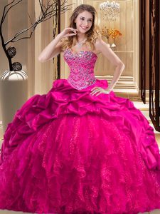Brush Train Ball Gowns Sweet 16 Dress Hot Pink Sweetheart Taffeta and Tulle Sleeveless Lace Up