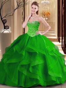 Fine Green Sleeveless Floor Length Beading and Ruffles Lace Up Ball Gown Prom Dress