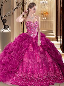 Best Fuchsia Ball Gowns Embroidery and Pick Ups Quinceanera Dresses Lace Up Organza Sleeveless