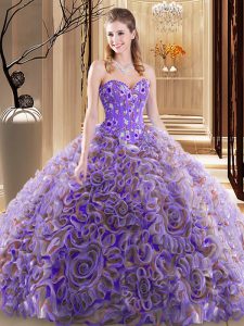 Flare Multi-color Sleeveless Fabric With Rolling Flowers Brush Train Lace Up 15 Quinceanera Dress for Military Ball and Sweet 16 and Quinceanera