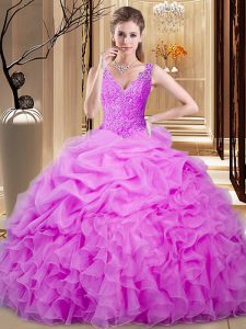 Sleeveless Floor Length Lace and Ruffles and Pick Ups Backless Quinceanera Gown with Lilac