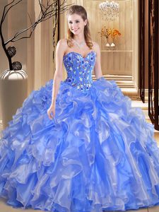 Lovely Blue Sweetheart Lace Up Beading and Embroidery and Ruffles Sweet 16 Quinceanera Dress Sleeveless