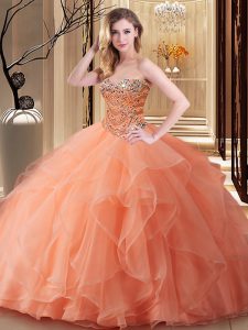 Peach Ball Gowns Tulle Sweetheart Sleeveless Beading Floor Length Lace Up Ball Gown Prom Dress