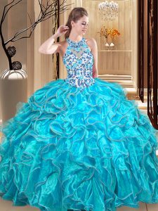 Dynamic Teal Ball Gowns Scoop Sleeveless Organza Floor Length Backless Embroidery and Ruffles Ball Gown Prom Dress
