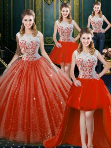 Adorable Four Piece Orange Red Sleeveless Beading and Lace Floor Length Sweet 16 Dress