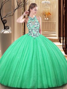 Green Ball Gowns Lace and Appliques Ball Gown Prom Dress Lace Up Tulle Sleeveless Floor Length