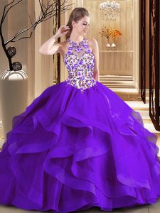 Scoop Sleeveless Tulle Brush Train Lace Up Sweet 16 Dresses in Purple with Embroidery