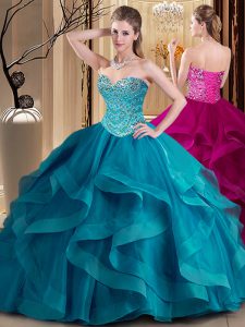 Teal Lace Up 15th Birthday Dress Beading and Ruffles Sleeveless Floor Length
