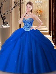 Charming Royal Blue Ball Gowns Sweetheart Sleeveless Tulle Floor Length Lace Up Beading Ball Gown Prom Dress