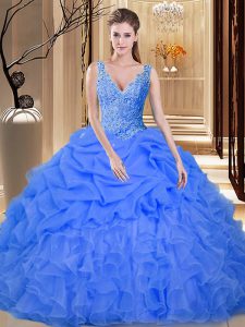 Classical Blue Ball Gowns Organza V-neck Sleeveless Lace and Appliques and Ruffles and Pick Ups Floor Length Backless Quinceanera Dress