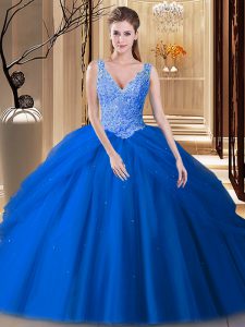 Traditional Blue Ball Gowns V-neck Sleeveless Tulle Floor Length Backless Lace and Pick Ups Sweet 16 Quinceanera Dress