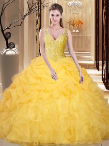 Fine Gold Ball Gowns Organza V-neck Sleeveless Lace and Appliques and Ruffles and Pick Ups Floor Length Backless Ball Gown Prom Dress