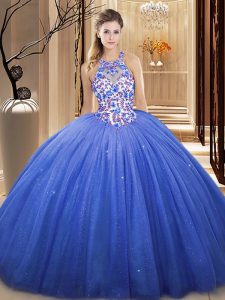 Luxury Blue Ball Gowns Lace and Appliques Sweet 16 Dresses Lace Up Tulle Sleeveless Floor Length