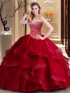 Wine Red Tulle Lace Up Sweetheart Sleeveless Floor Length Quinceanera Dress Beading and Ruffles