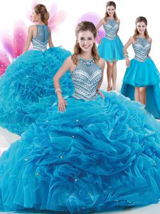 Four Piece High-neck Sleeveless Sweet 16 Dress With Train Court Train Ruffles and Pick Ups Aqua Blue Organza
