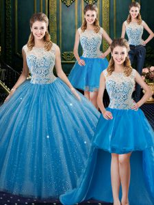 Four Piece Floor Length Baby Blue Quinceanera Gown Tulle Brush Train Sleeveless Lace