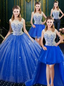 Customized Four Piece Royal Blue Sleeveless Tulle Brush Train Zipper 15 Quinceanera Dress for Military Ball and Sweet 16 and Quinceanera