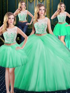 Sexy Four Piece Apple Green Zipper Scoop Lace and Pick Ups Ball Gown Prom Dress Tulle Sleeveless