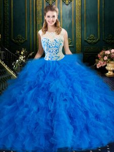 Pretty Blue Ball Gowns Tulle Scoop Sleeveless Lace and Ruffles Floor Length Zipper Quince Ball Gowns
