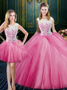 Customized Three Piece Scoop Floor Length Pink 15th Birthday Dress Tulle Sleeveless Lace and Pick Ups