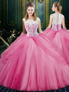 Lovely Scoop Rose Pink Zipper Quinceanera Gown Lace and Pick Ups Sleeveless Floor Length