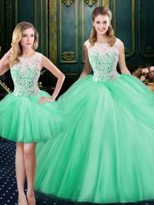 Graceful Three Piece Pick Ups Floor Length Apple Green 15 Quinceanera Dress Scoop Sleeveless Lace Up