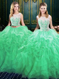 Enchanting Green Ball Gowns Organza Scoop Sleeveless Lace and Ruffles Lace Up Sweet 16 Dresses Court Train